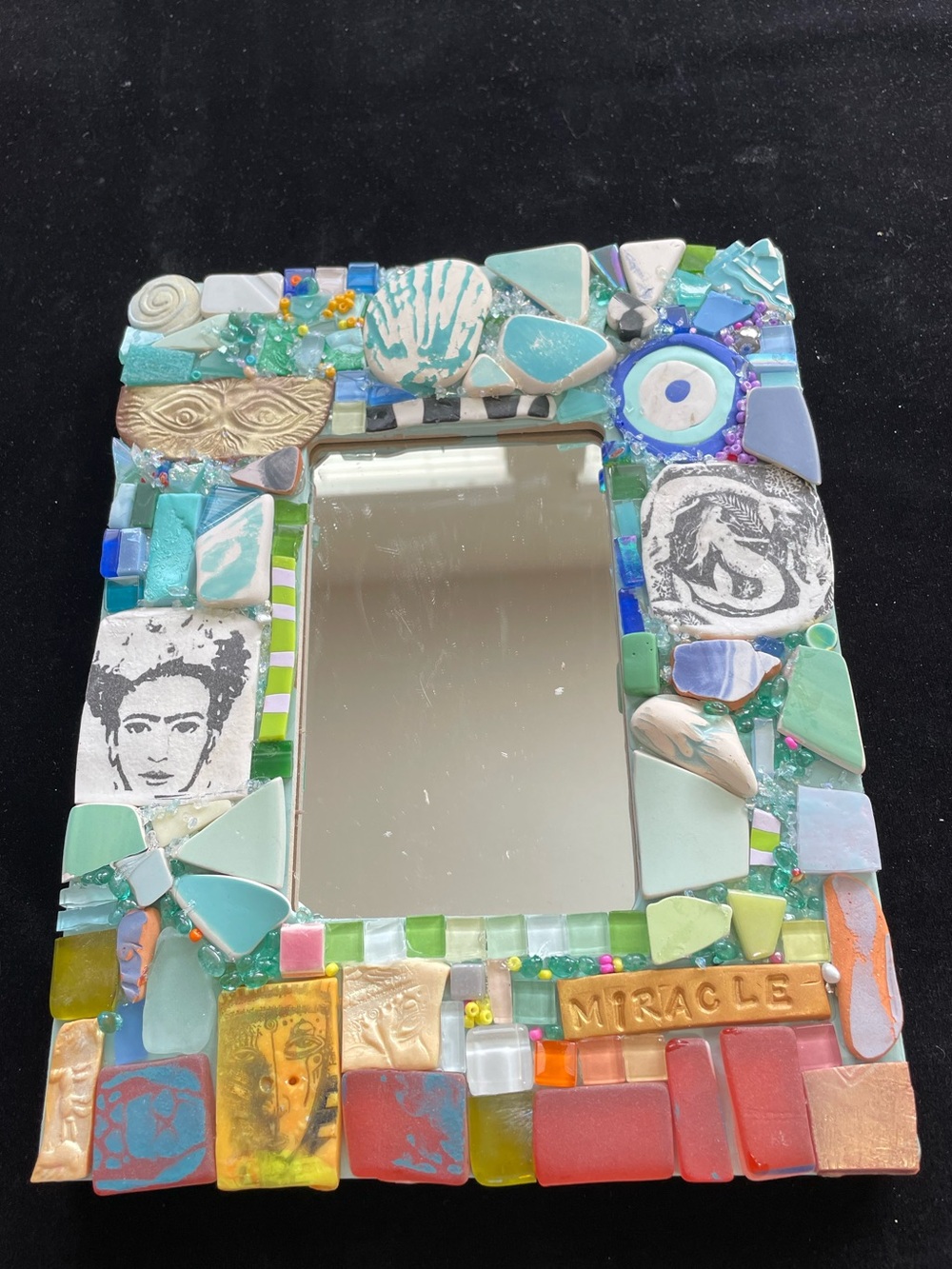 Handmade Mosaic “ Miracles& Abundance “Polymer Clay Mirror Original 8”x10”